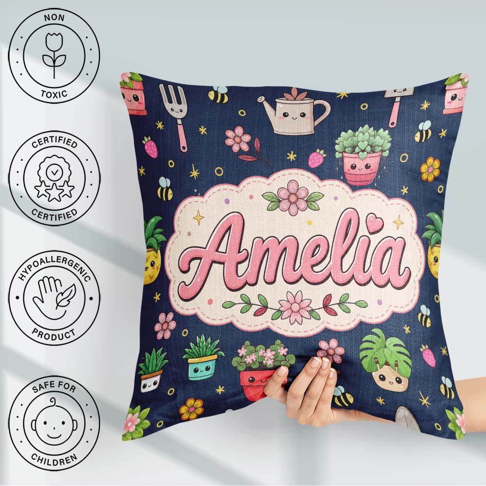 Custom Name Cute Kawaii Garden Tools Bees Plants Navy Background Square Filled Cushion Throw Pillow Sofa Bed Home Decor Zip Washable UK Made