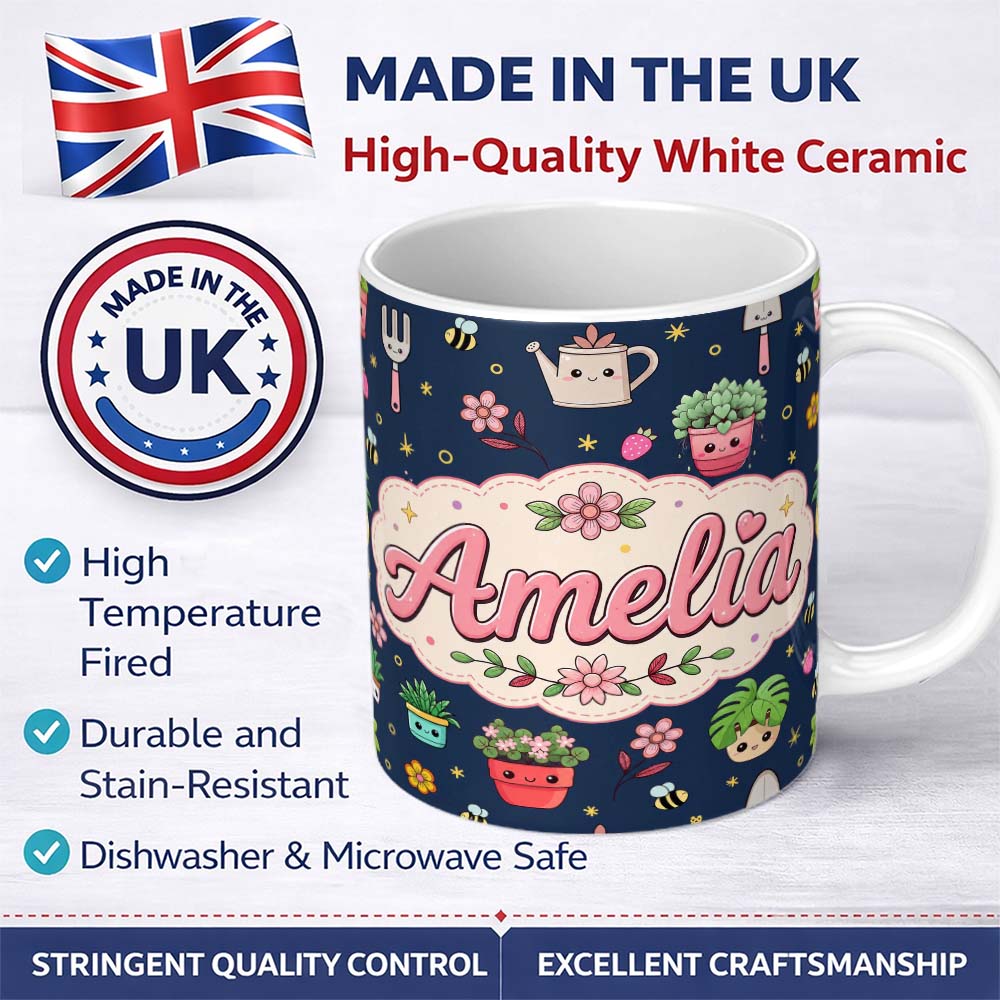 Personalized Custom Name Cute Kawaii Garden Tools Bees Flowers Plants Navy Background 11oz Ceramic Coffee Tea Mug White Large Handle
