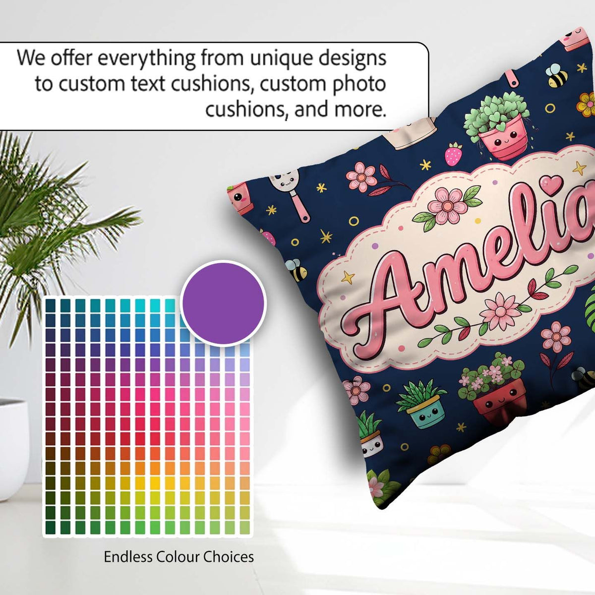 Custom Name Cute Kawaii Garden Tools Bees Plants Navy Background Square Filled Cushion Throw Pillow Sofa Bed Home Decor Zip Washable UK Made