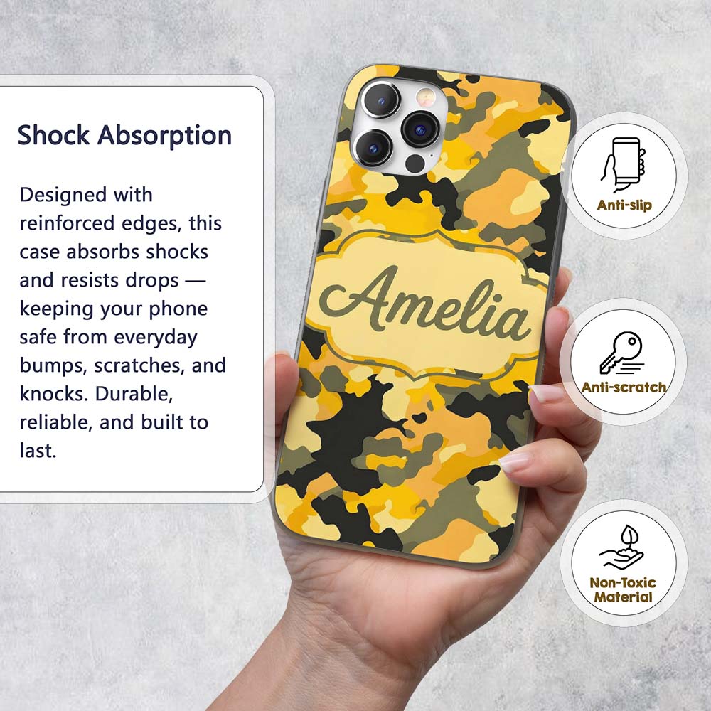 Yellow Desert Camouflage Abstract Printed Design Custom Name Protective Phone Case Mobile Cover Durable Everyday Smartphone Shock Resistant