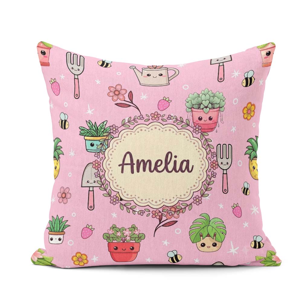 Custom Name Cute Kawaii Garden Tools Bees Plants Pink Background Square Filled Cushion Throw Pillow Sofa Bed Home Decor Zip Washable UK Made