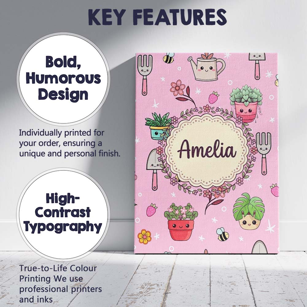 Personalised Name Cute Kawaii Garden Tools Custom Unique Gift Idea Elegant Feature Canvas Wall Art Print Decor Picture Ready to Hang