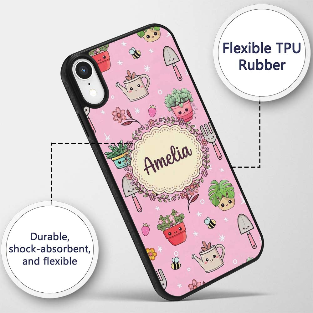 Cute Kawaii Garden Tools Bees Flowers Plants Pink Custom Name Protective Phone Case Mobile Cover Durable Everyday Smartphone Shock Resistant
