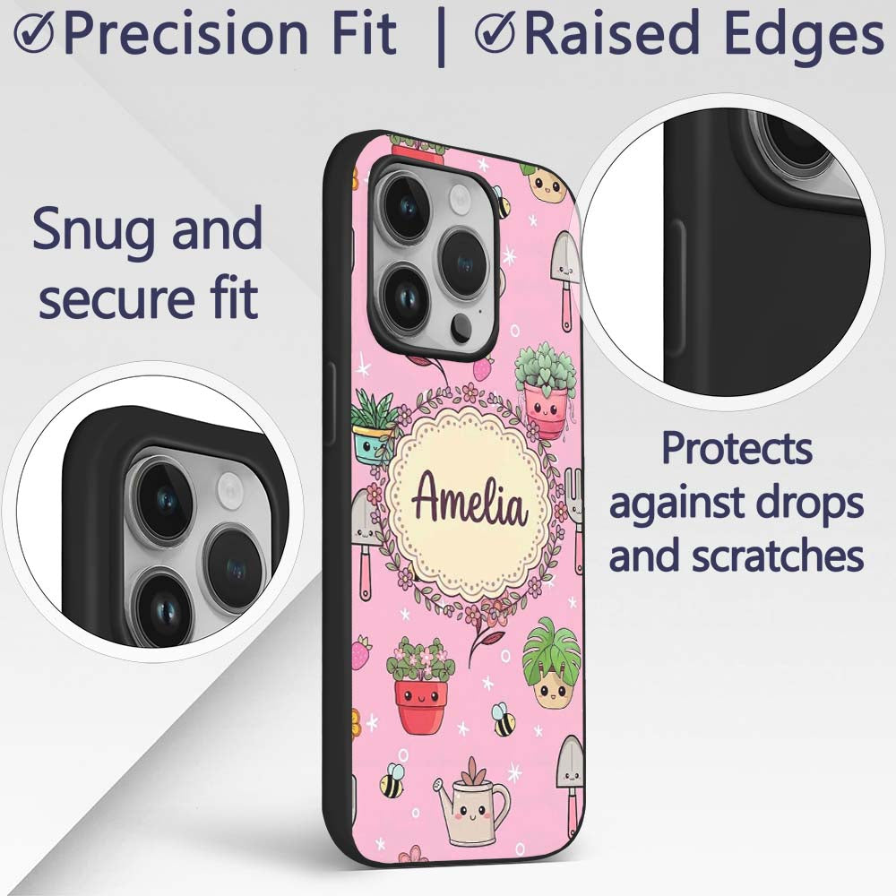 Cute Kawaii Garden Tools Bees Flowers Plants Pink Custom Name Protective Phone Case Mobile Cover Durable Everyday Smartphone Shock Resistant