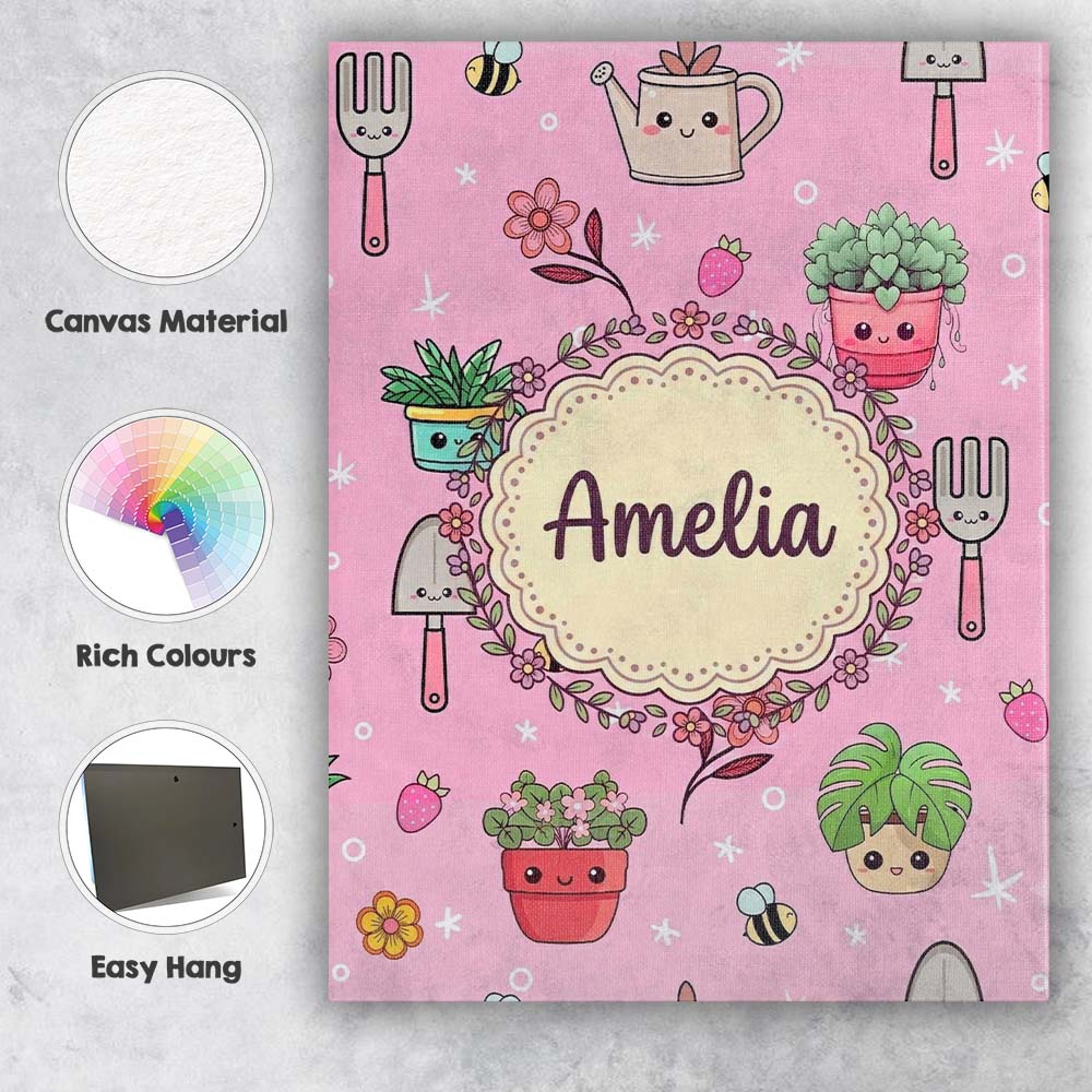Personalised Name Cute Kawaii Garden Tools Custom Unique Gift Idea Elegant Feature Canvas Wall Art Print Decor Picture Ready to Hang