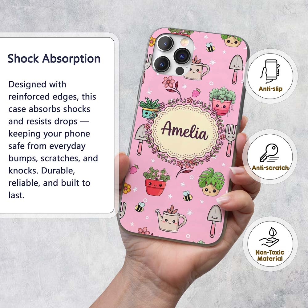 Cute Kawaii Garden Tools Bees Flowers Plants Pink Custom Name Protective Phone Case Mobile Cover Durable Everyday Smartphone Shock Resistant