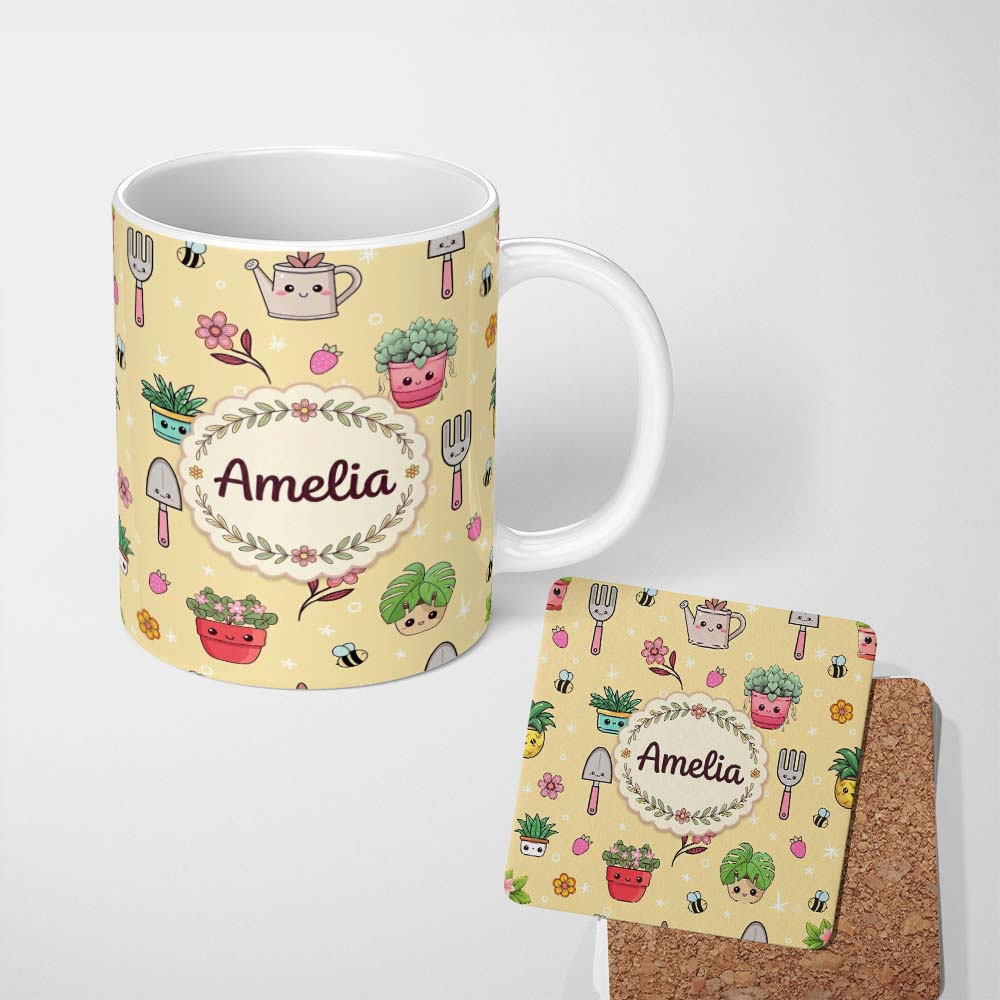 Personalized Custom Name Cute Kawaii Garden Tools Bees Flowers Plants Yellow Background 11oz Ceramic Coffee Tea Mug White Large Handle