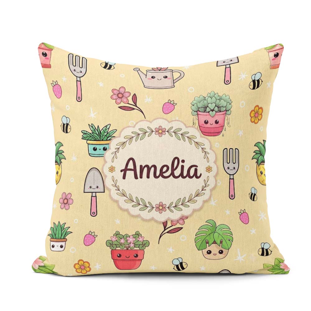 Custom Name Cute Kawaii Garden Tools Bees Flowers Plants Yellow Square Filled Cushion Throw Pillow Sofa Bed Home Decor Zip Washable UK Made
