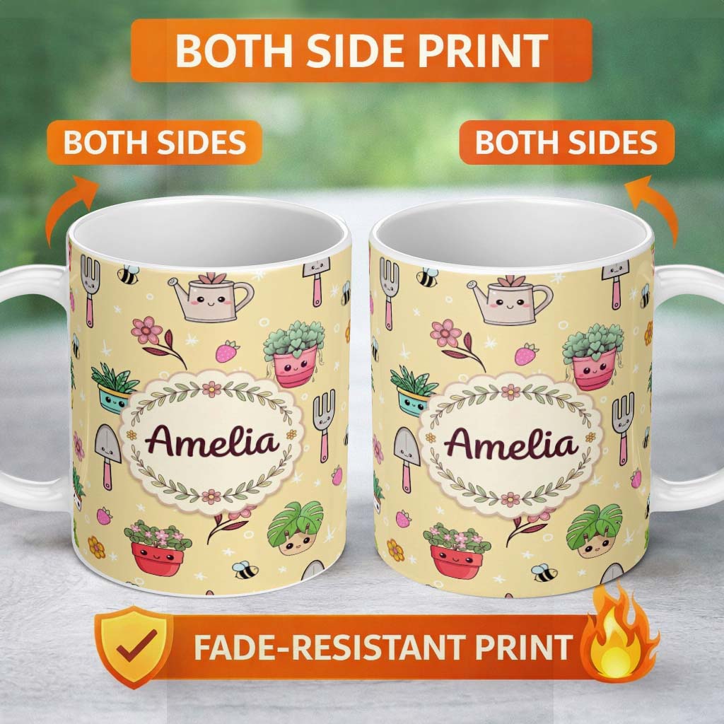 Personalized Custom Name Cute Kawaii Garden Tools Bees Flowers Plants Yellow Background 11oz Ceramic Coffee Tea Mug White Large Handle