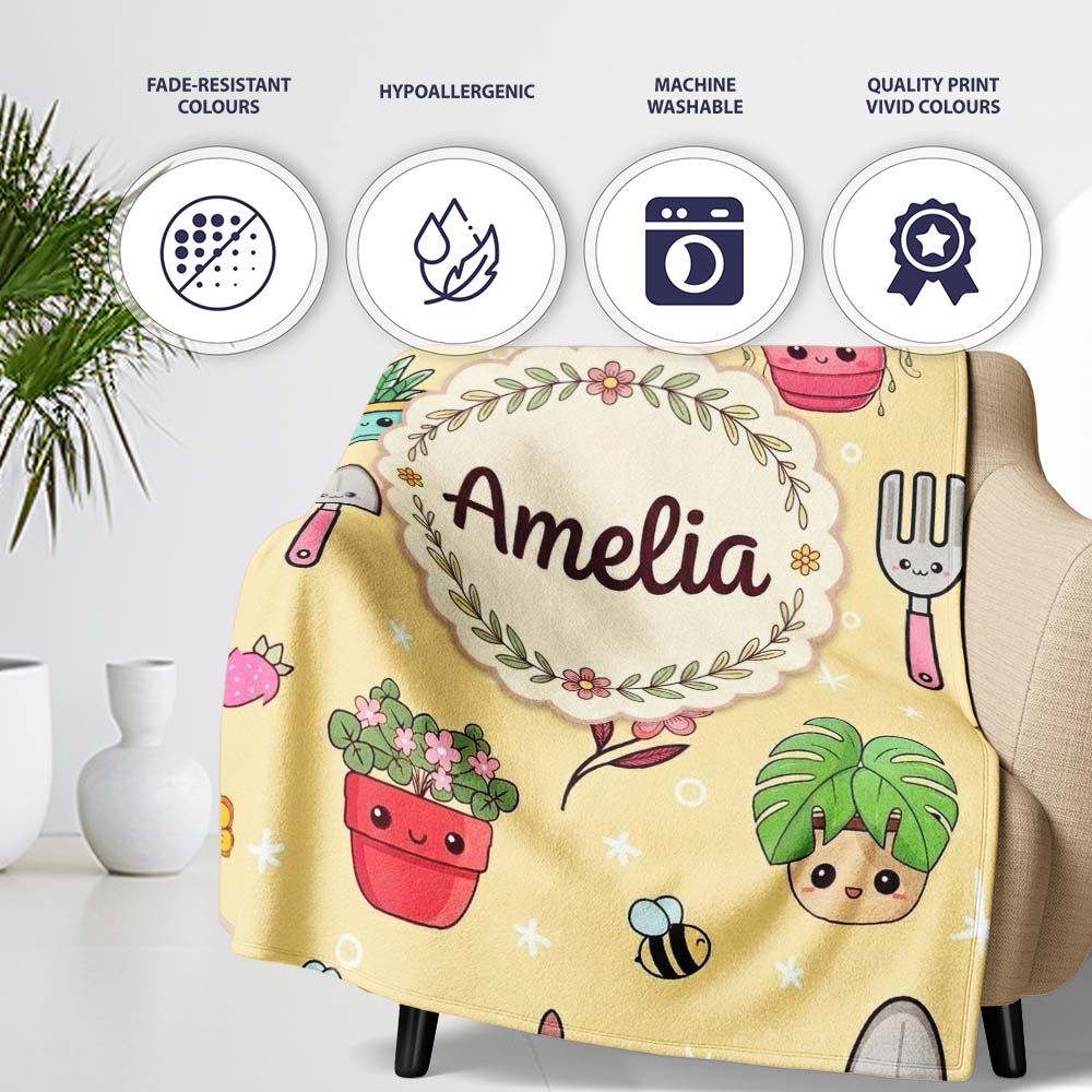 Cute Kawaii Garden Tools Bees Flowers Plants Yellow Background Personalised Custom Name Super Soft Fleece Blanket Bed Sofa Throw