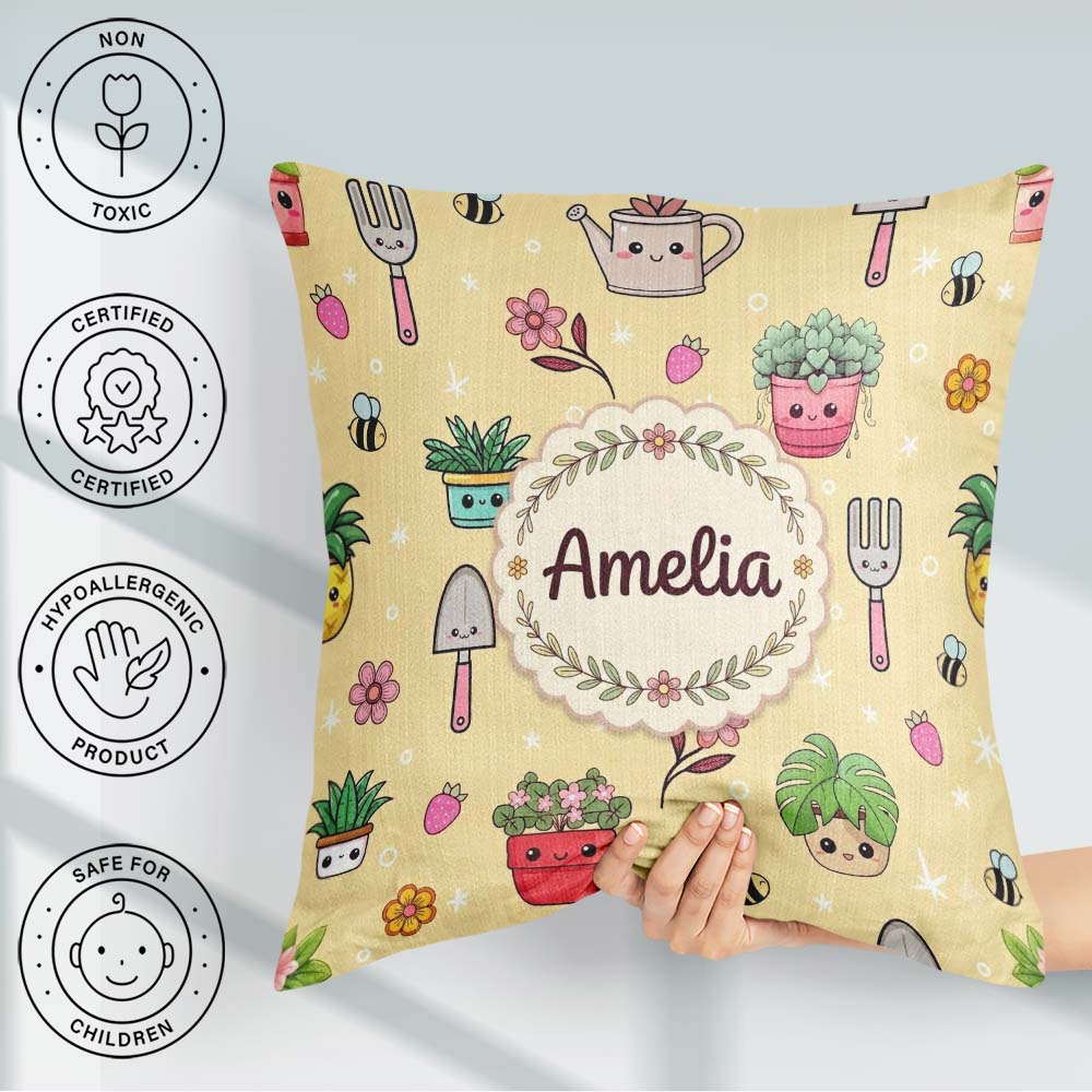 Custom Name Cute Kawaii Garden Tools Bees Flowers Plants Yellow Square Filled Cushion Throw Pillow Sofa Bed Home Decor Zip Washable UK Made
