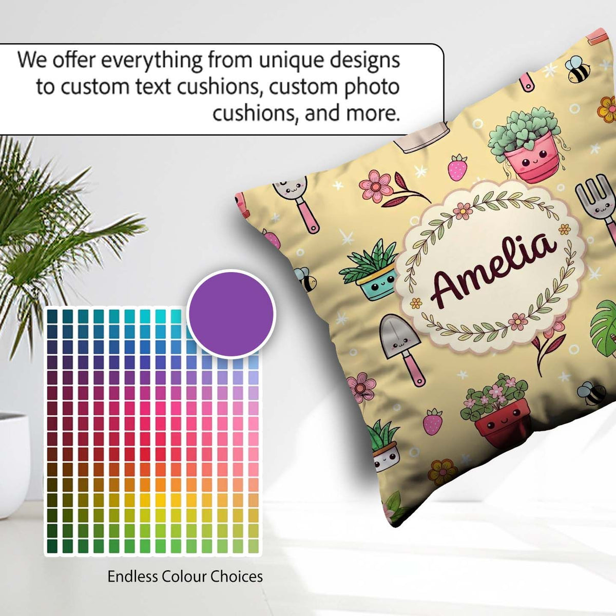 Custom Name Cute Kawaii Garden Tools Bees Flowers Plants Yellow Square Filled Cushion Throw Pillow Sofa Bed Home Decor Zip Washable UK Made