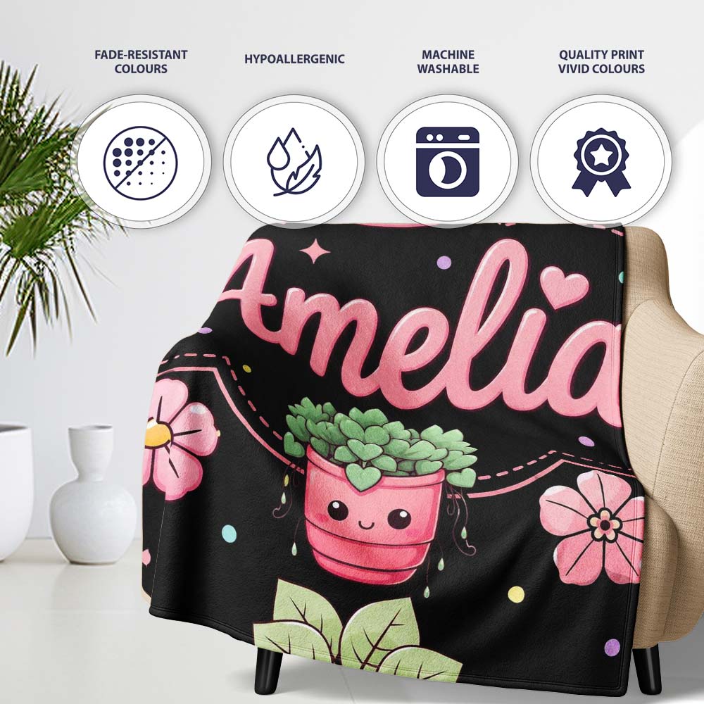Cute Kawaii Flower Pots Blossom Black Background Seamless Pattern Personalised Custom Name Super Soft Fleece Blanket Bed Sofa Throw
