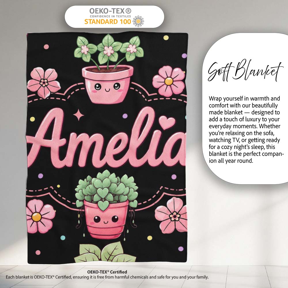 Cute Kawaii Flower Pots Blossom Black Background Seamless Pattern Personalised Custom Name Super Soft Fleece Blanket Bed Sofa Throw