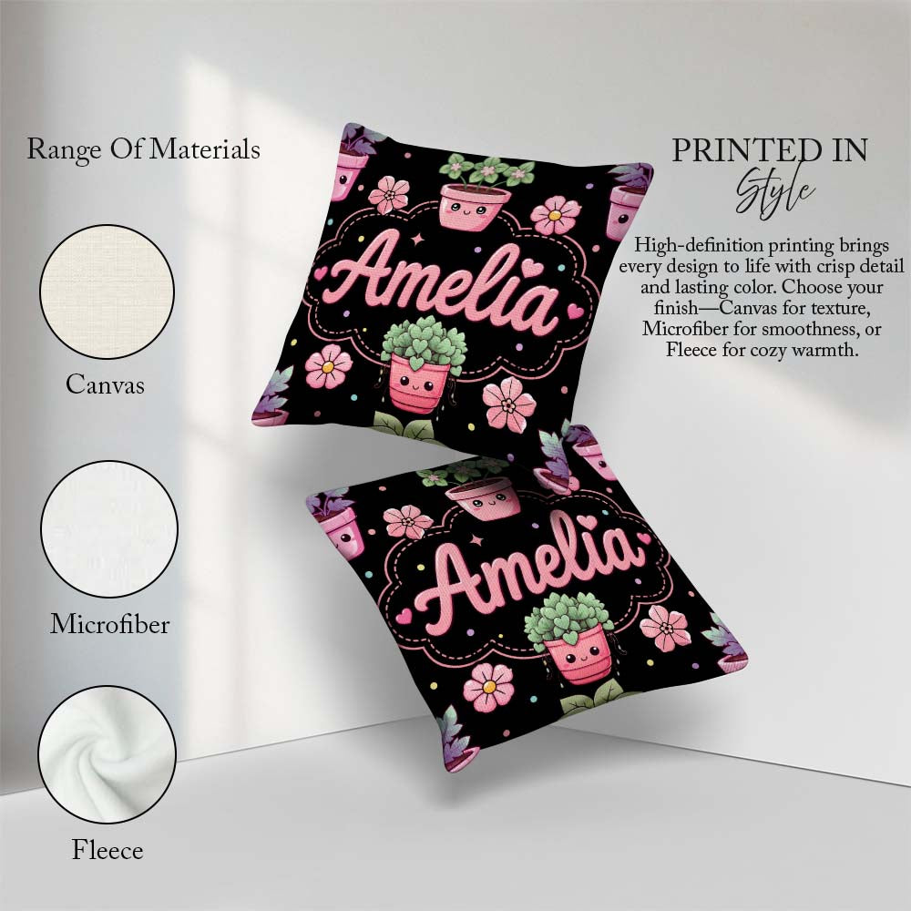 Custom Name Kawaii Flower Pots Blossom Black Background Seamless Square Filled Cushion Throw Pillow Sofa Bed Home Decor Zip Washable UK Made