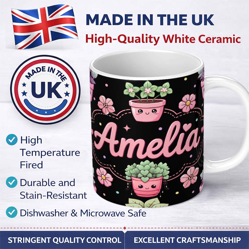 Personalized Custom Name Cute Kawaii Flower Pots Blossom Black Background Seamless Pattern 11oz Ceramic Coffee Tea Mug White Large Handle