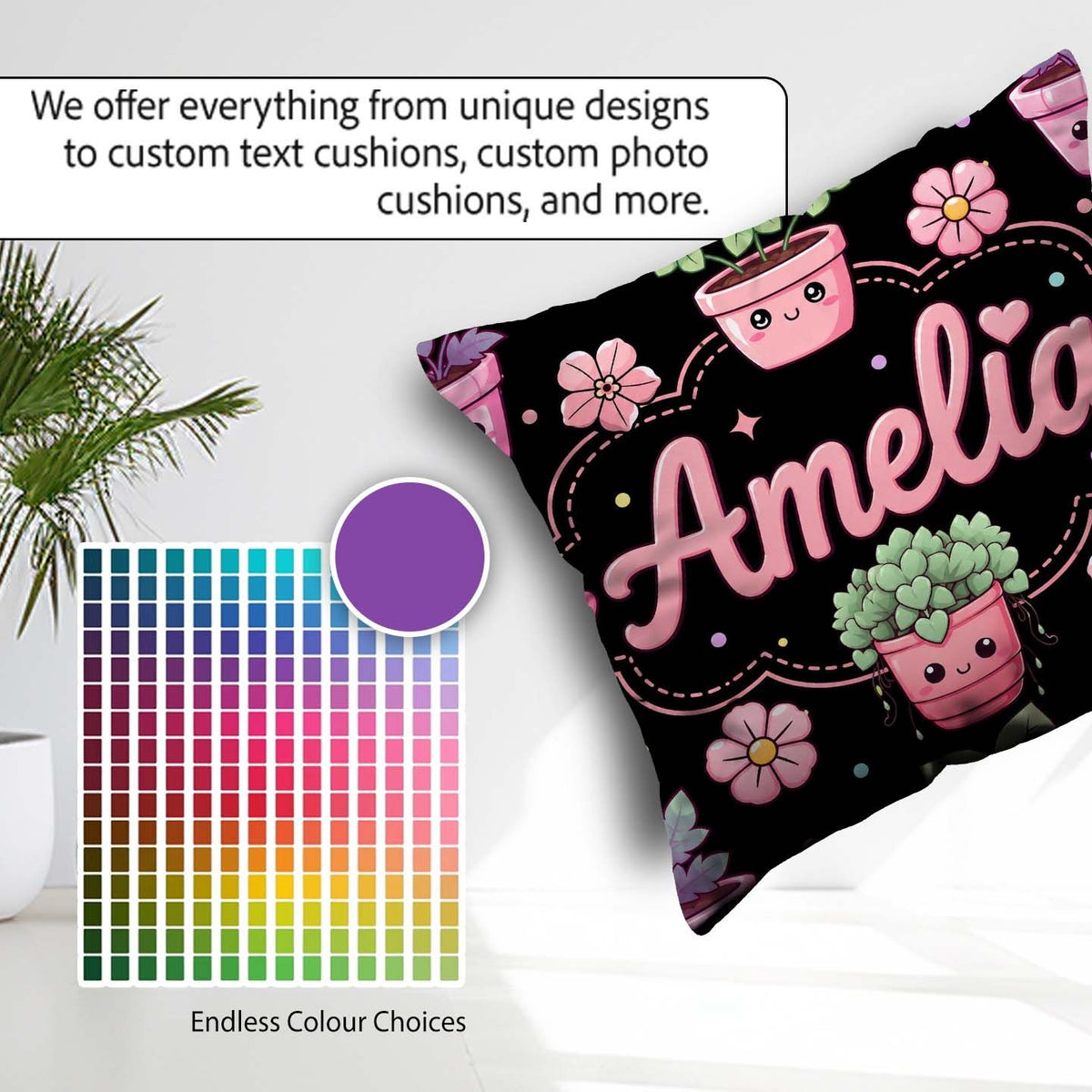 Custom Name Kawaii Flower Pots Blossom Black Background Seamless Square Filled Cushion Throw Pillow Sofa Bed Home Decor Zip Washable UK Made