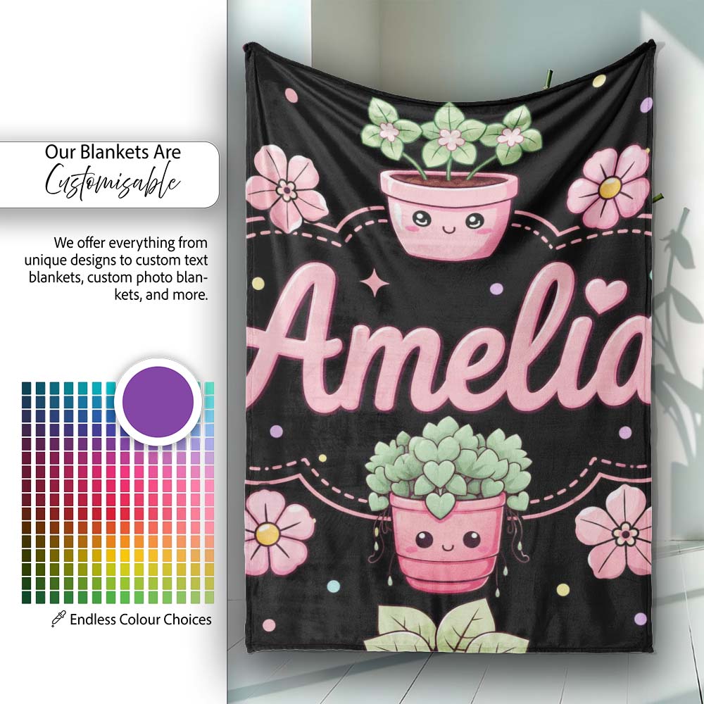 Cute Kawaii Flower Pots Blossom Black Background Seamless Pattern Personalised Custom Name Super Soft Fleece Blanket Bed Sofa Throw