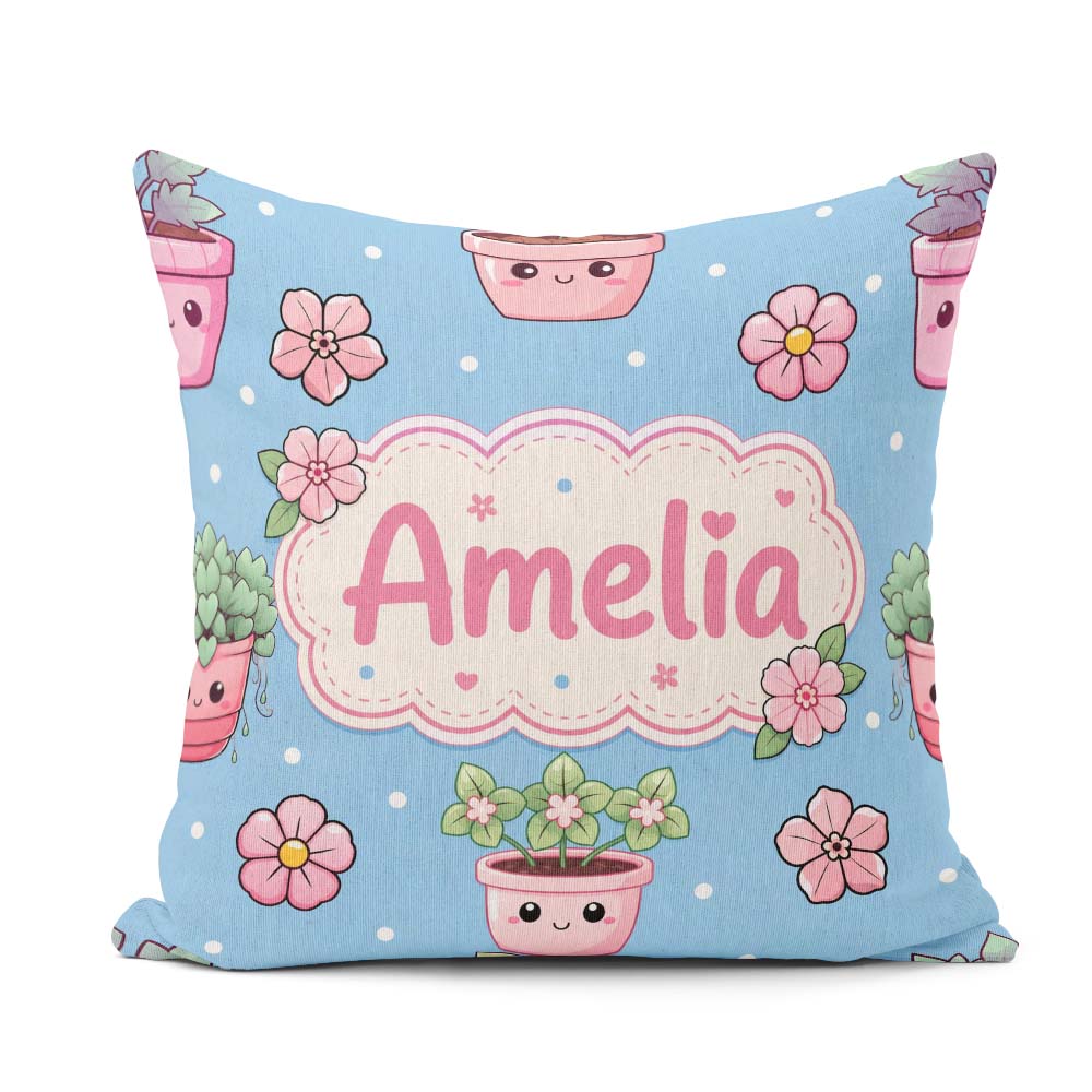 Custom Name Kawaii Pots Blossom Blue Background Seamless Pattern Square Filled Cushion Throw Pillow Sofa Bed Home Decor Zip Washable UK Made