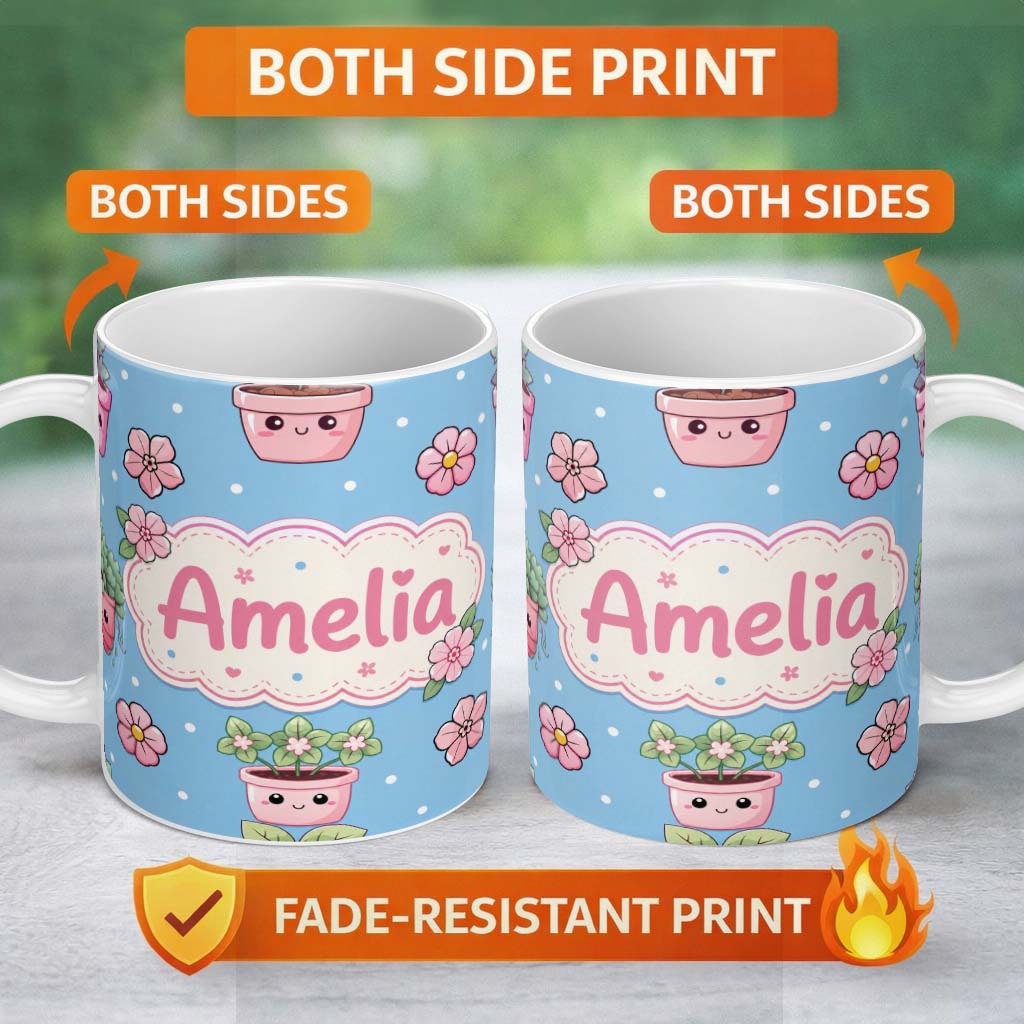 Personalized Custom Name Cute Kawaii Flower Pots Blossom Blue Background Seamless Pattern 11oz Ceramic Coffee Tea Mug White Large Handle