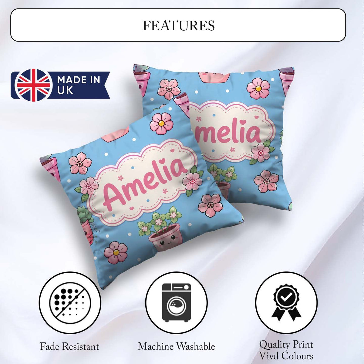 Custom Name Kawaii Pots Blossom Blue Background Seamless Pattern Square Filled Cushion Throw Pillow Sofa Bed Home Decor Zip Washable UK Made