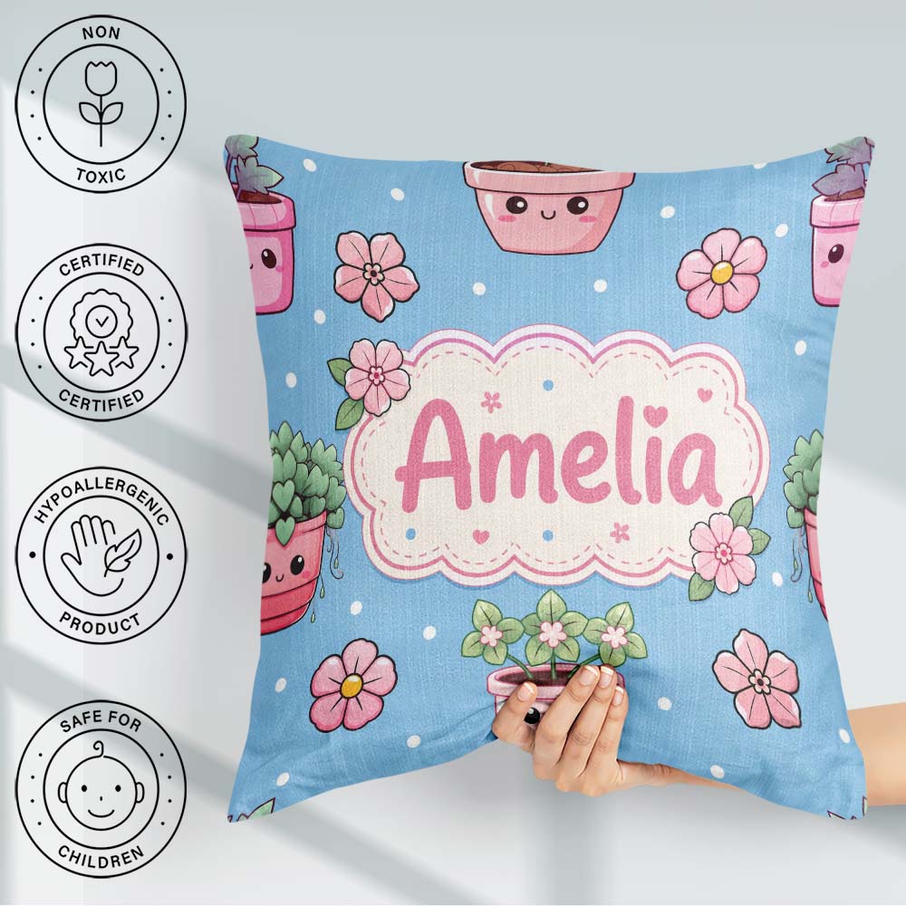 Custom Name Kawaii Pots Blossom Blue Background Seamless Pattern Square Filled Cushion Throw Pillow Sofa Bed Home Decor Zip Washable UK Made