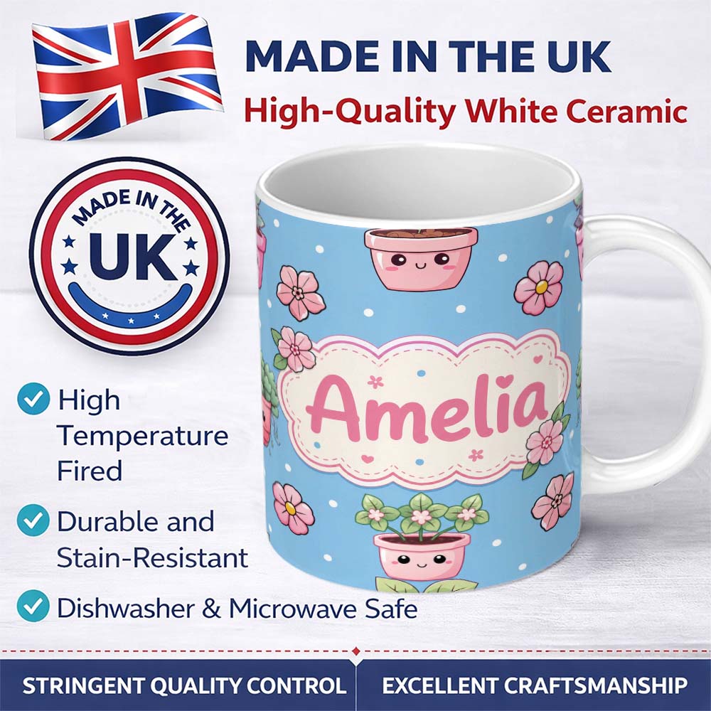 Personalized Custom Name Cute Kawaii Flower Pots Blossom Blue Background Seamless Pattern 11oz Ceramic Coffee Tea Mug White Large Handle
