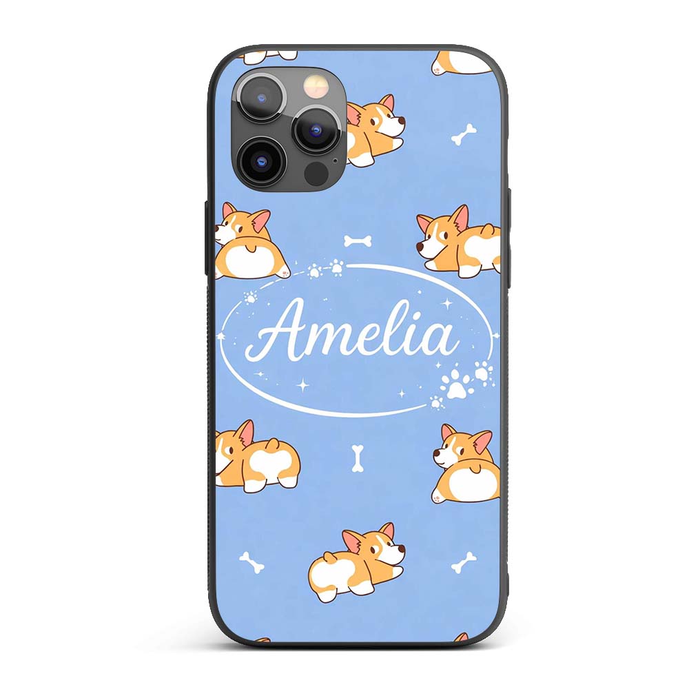 Cute Cartoon Corgi Dogs Bone Blue Background Custom Name Protective Phone Case Mobile Cover Durable Everyday Smartphone Shock Resistant