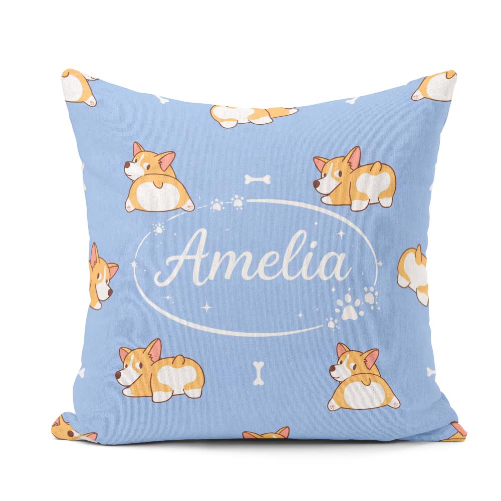 Custom Name Cute Cartoon Corgi Dogs Bone Blue Background Pattern Square Filled Cushion Throw Pillow Sofa Bed Home Decor Zip Washable UK Made