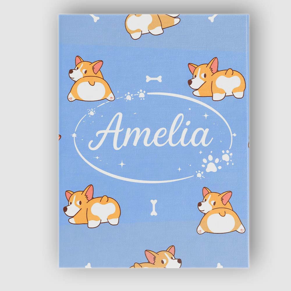 Personalised Name Cute Cartoon Corgi Dogs Bone Blue Background Custom Modern Room Accent Canvas Wall Art Print Decor Picture Ready to Hang
