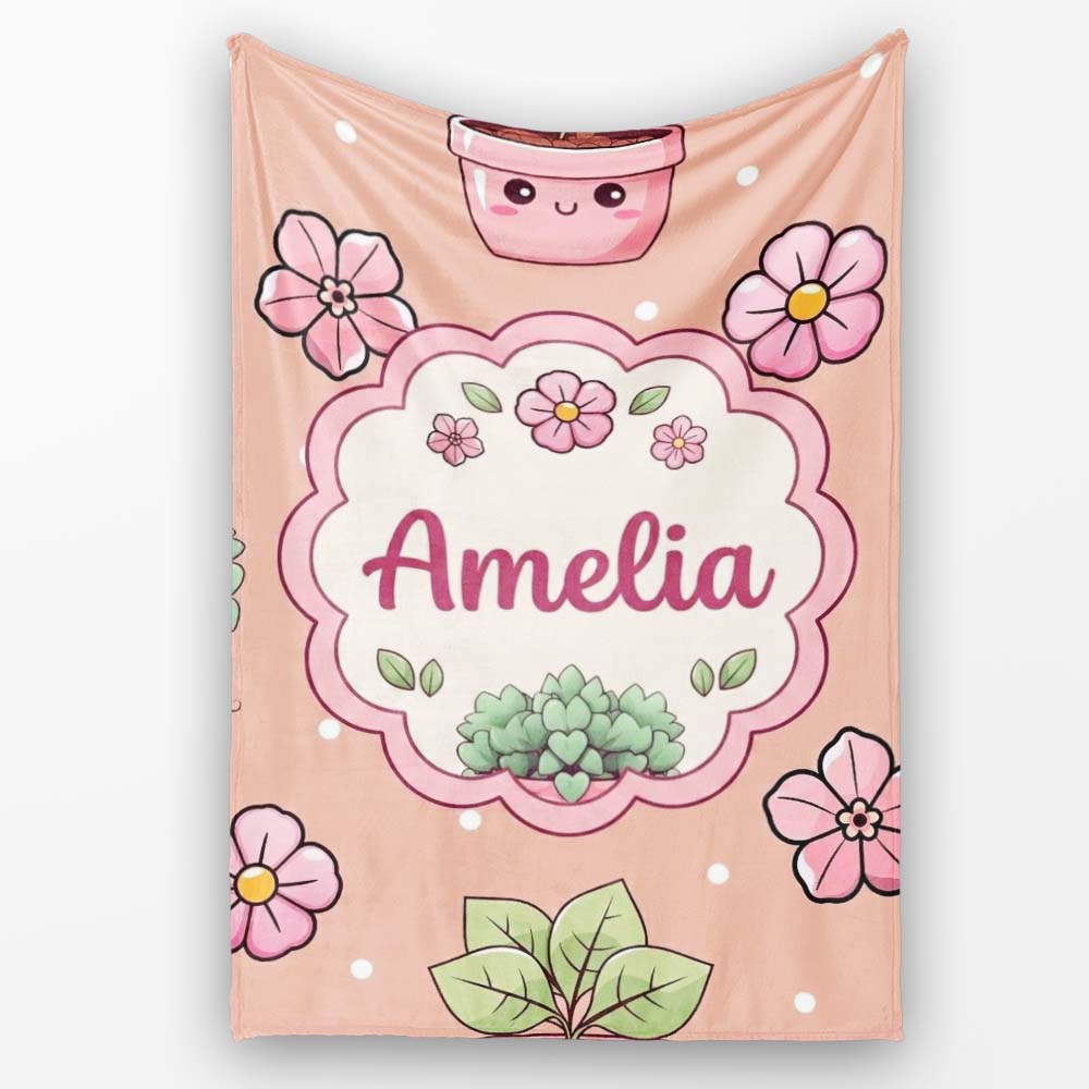 Cute Kawaii Flower Pots Blossom Beige Background Seamless Pattern Personalised Custom Name Super Soft Fleece Blanket Bed Sofa Throw