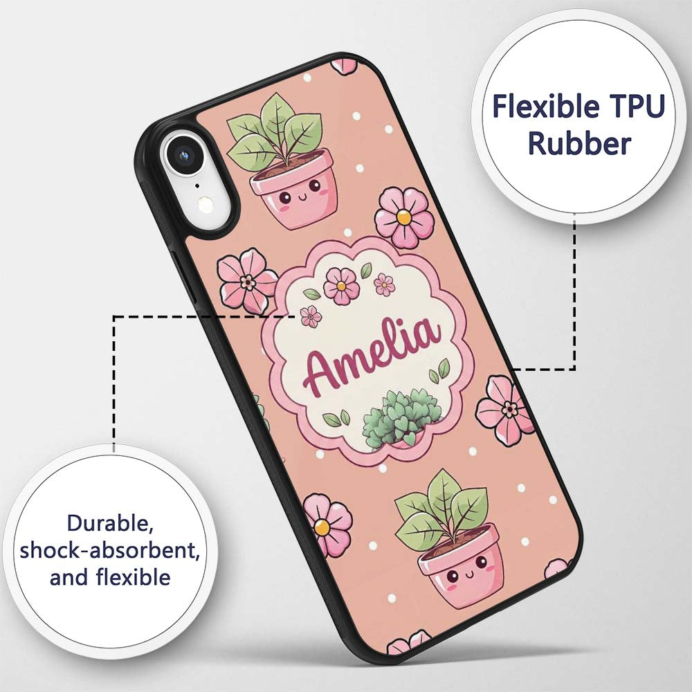 Cute Kawaii Flower Pots Blossom Beige Background Custom Name Protective Phone Case Mobile Cover Durable Everyday Smartphone Shock Resistant
