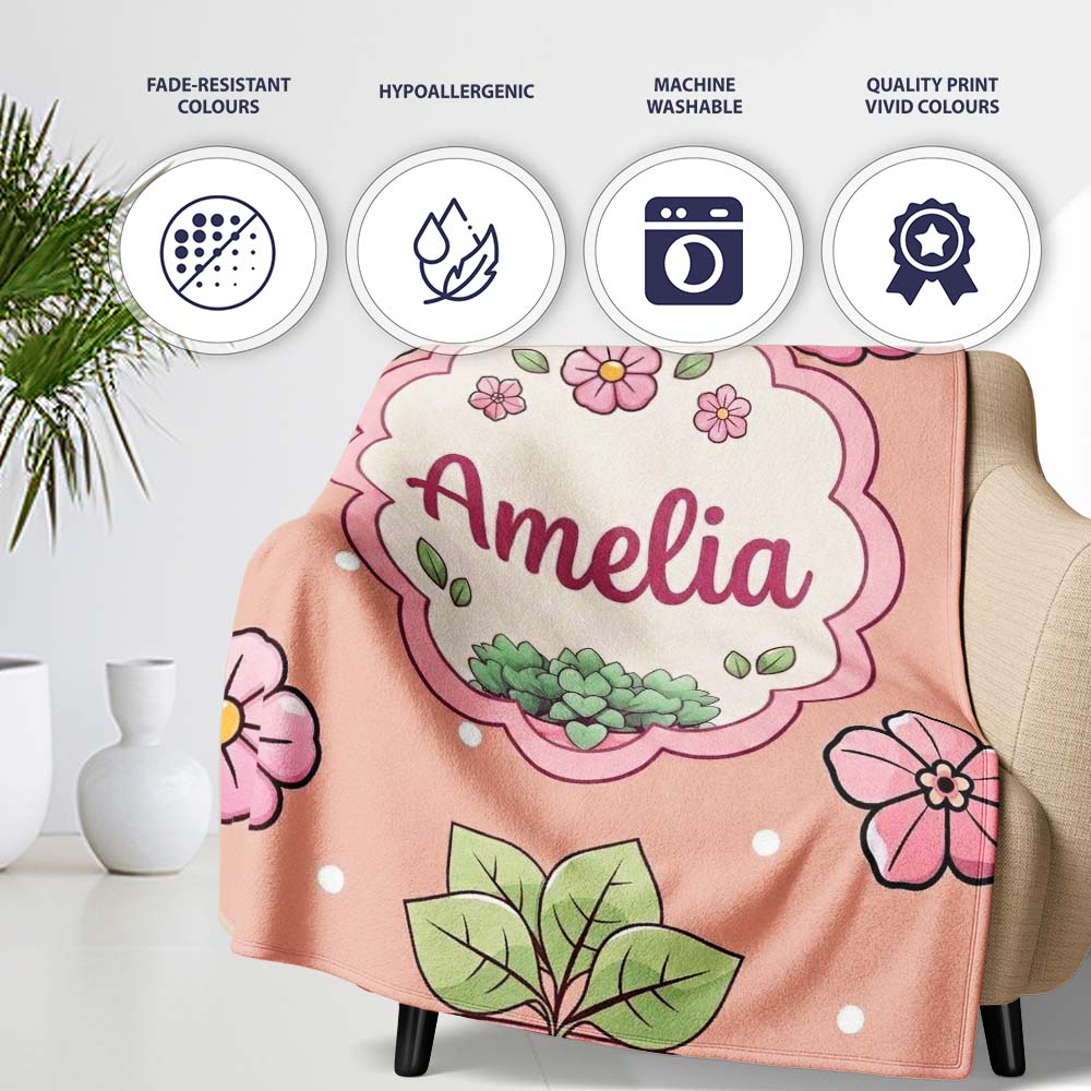 Cute Kawaii Flower Pots Blossom Beige Background Seamless Pattern Personalised Custom Name Super Soft Fleece Blanket Bed Sofa Throw