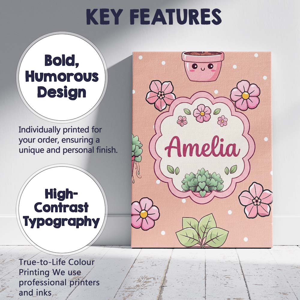Personalised Name Cute Kawaii Flower Pots Custom Unique Gift Idea Elegant Feature Canvas Wall Art Print Decor Picture Ready to Hang