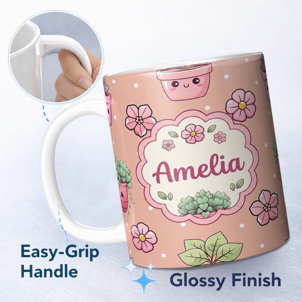 Personalized Custom Name Cute Kawaii Flower Pots Blossom Beige Background Seamless Pattern 11oz Ceramic Coffee Tea Mug White Large Handle