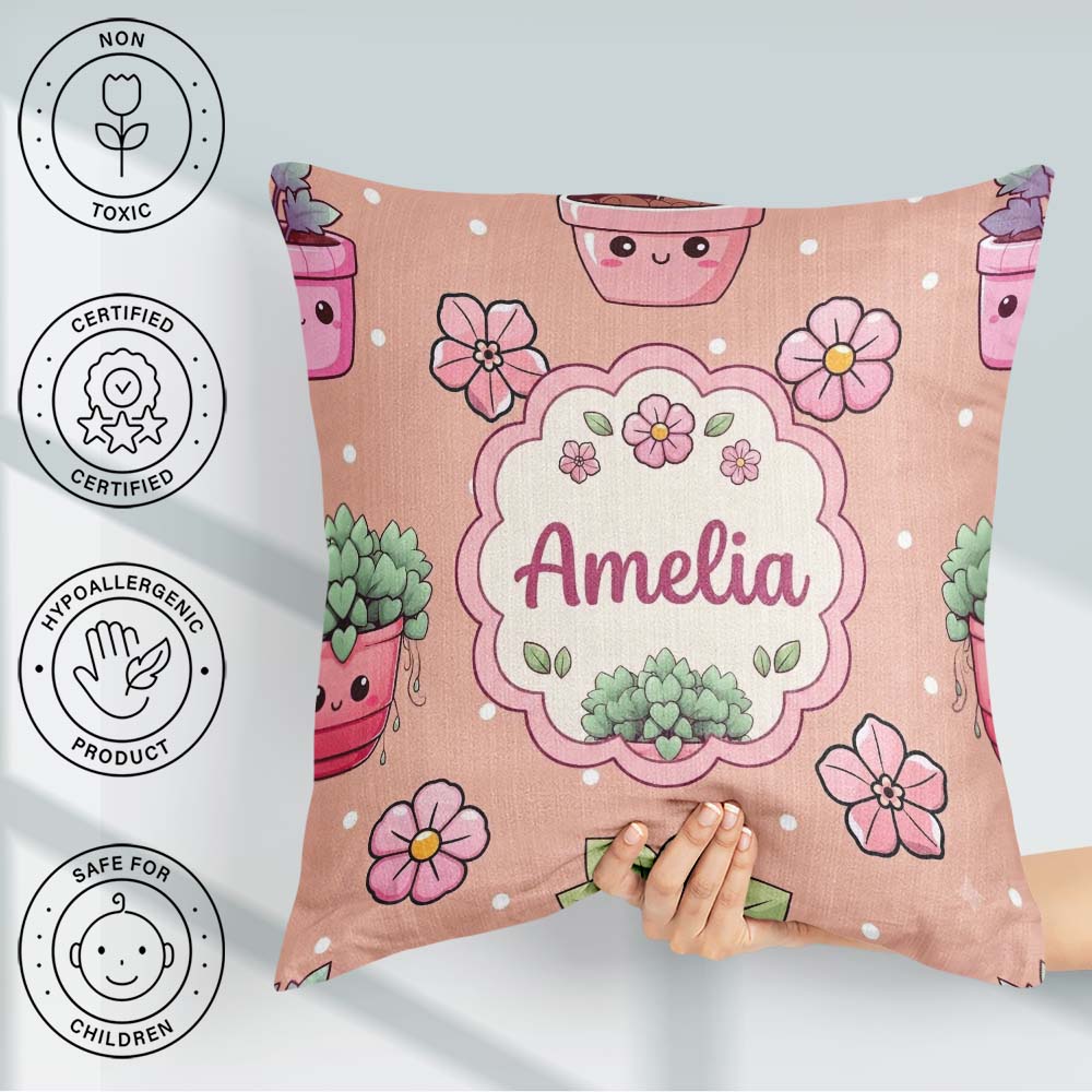 Custom Name Kawaii Flower Pots Blossom Beige Background Seamless Square Filled Cushion Throw Pillow Sofa Bed Home Decor Zip Washable UK Made