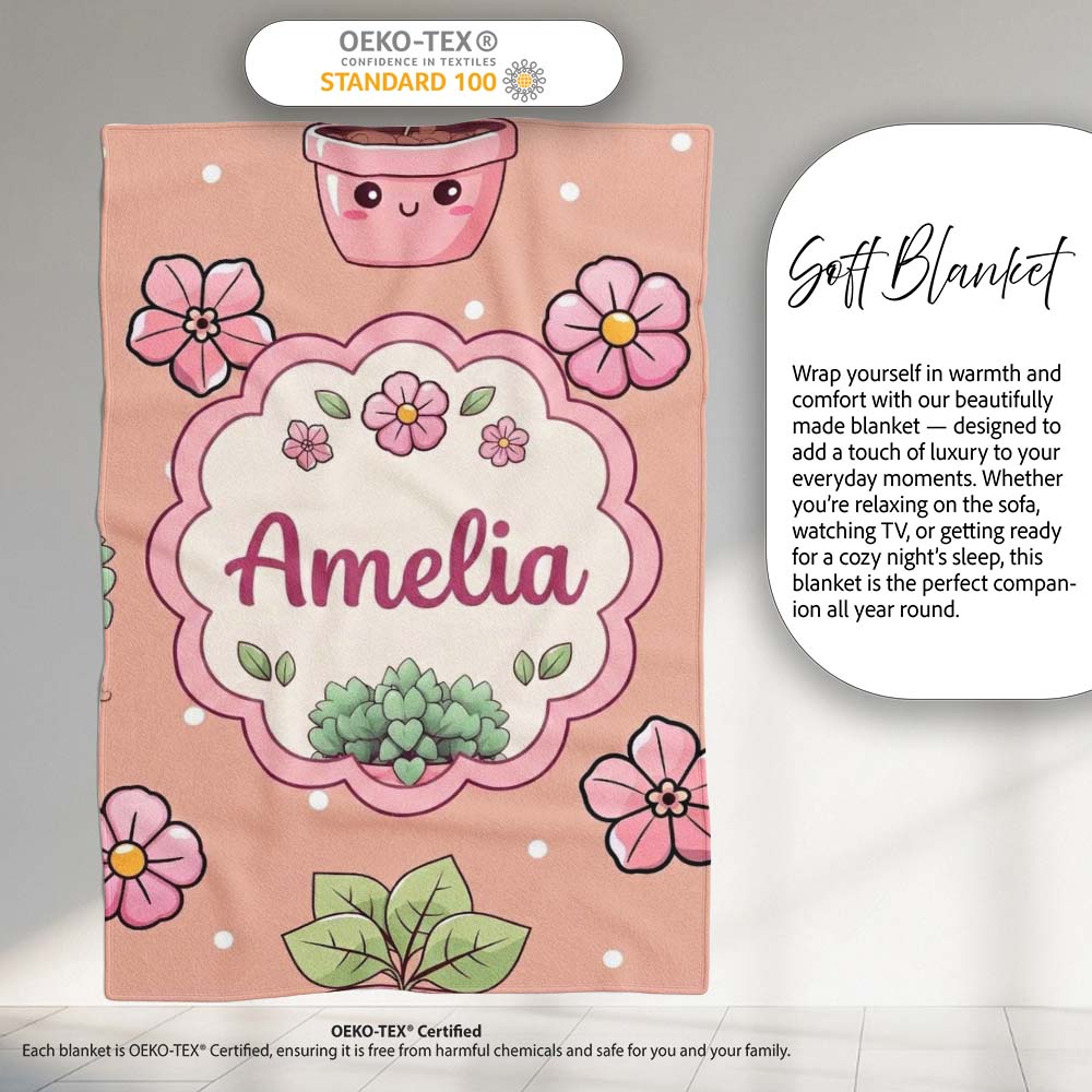 Cute Kawaii Flower Pots Blossom Beige Background Seamless Pattern Personalised Custom Name Super Soft Fleece Blanket Bed Sofa Throw