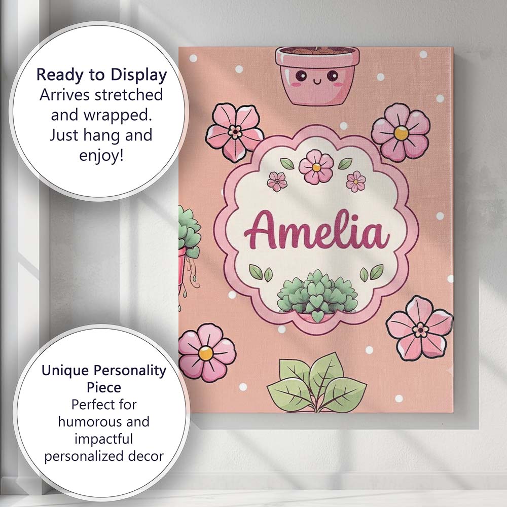 Personalised Name Cute Kawaii Flower Pots Custom Unique Gift Idea Elegant Feature Canvas Wall Art Print Decor Picture Ready to Hang