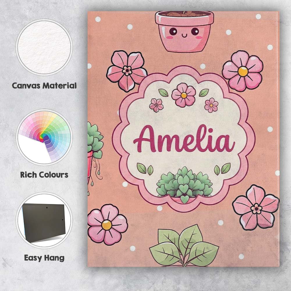 Personalised Name Cute Kawaii Flower Pots Custom Unique Gift Idea Elegant Feature Canvas Wall Art Print Decor Picture Ready to Hang