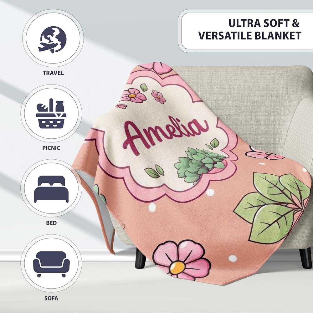 Cute Kawaii Flower Pots Blossom Beige Background Seamless Pattern Personalised Custom Name Super Soft Fleece Blanket Bed Sofa Throw