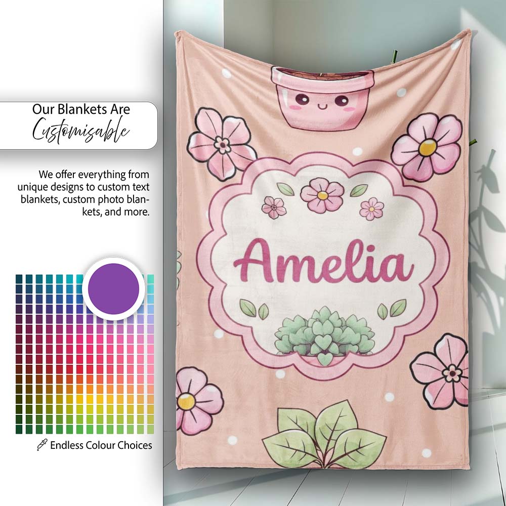 Cute Kawaii Flower Pots Blossom Beige Background Seamless Pattern Personalised Custom Name Super Soft Fleece Blanket Bed Sofa Throw