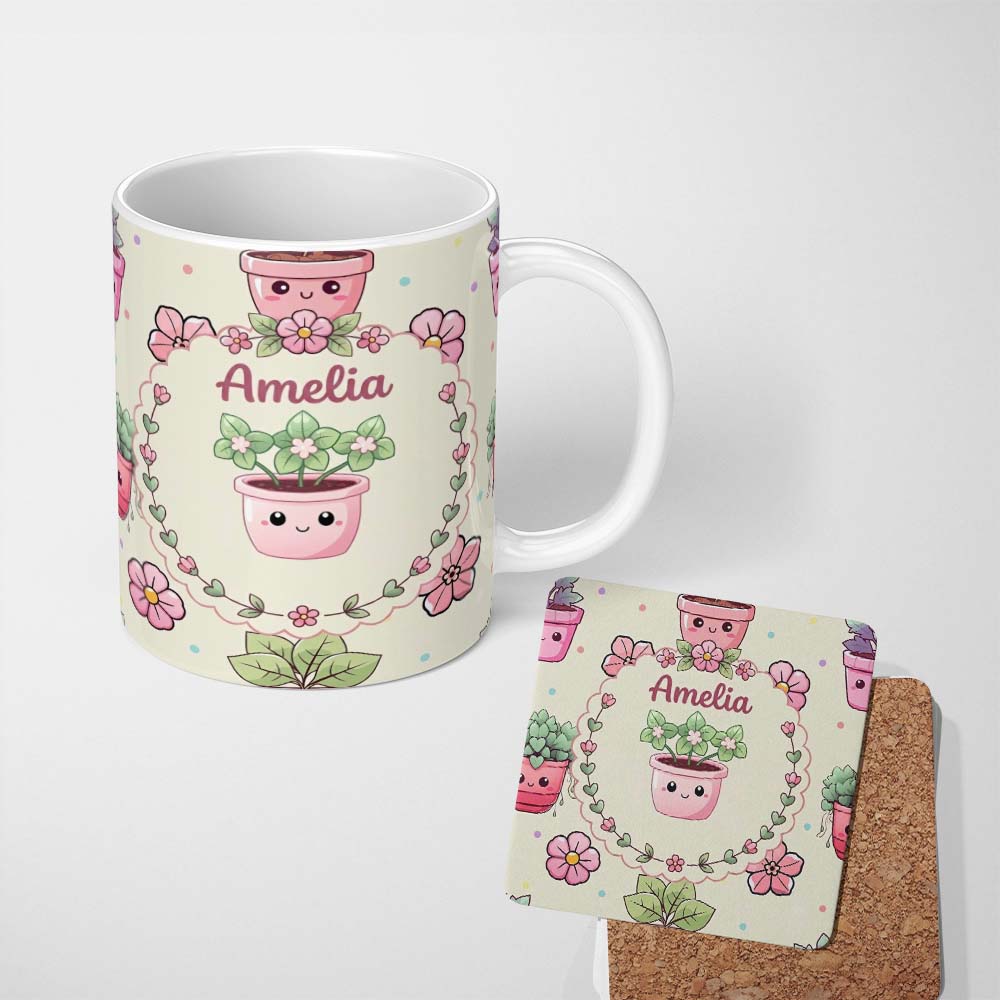 Personalized Custom Name Cute Kawaii Flower Pots Blossom Cream Background Seamless Pattern 11oz Ceramic Coffee Tea Mug White Large Handle