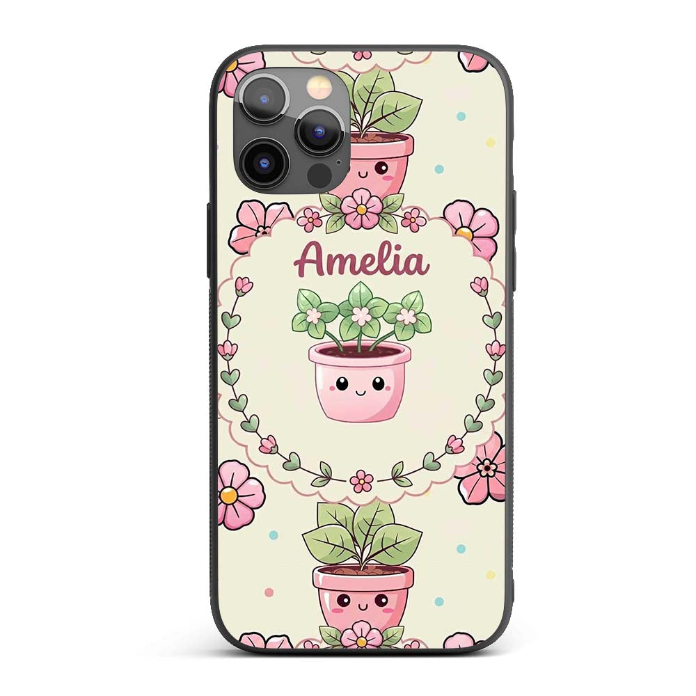 Cute Kawaii Flower Pots Blossom Cream Background Custom Name Protective Phone Case Mobile Cover Durable Everyday Smartphone Shock Resistant