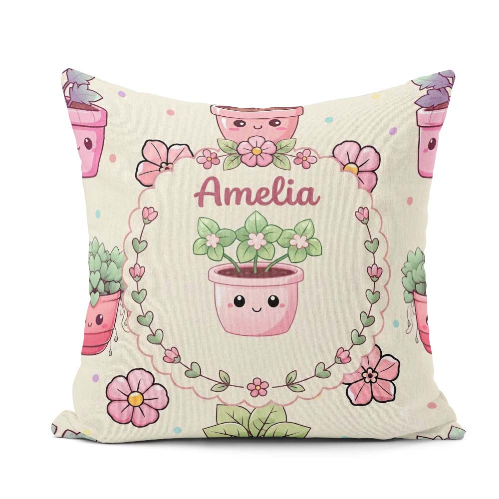 Custom Name Kawaii Flower Pots Blossom Cream Background Seamless Square Filled Cushion Throw Pillow Sofa Bed Home Decor Zip Washable UK Made
