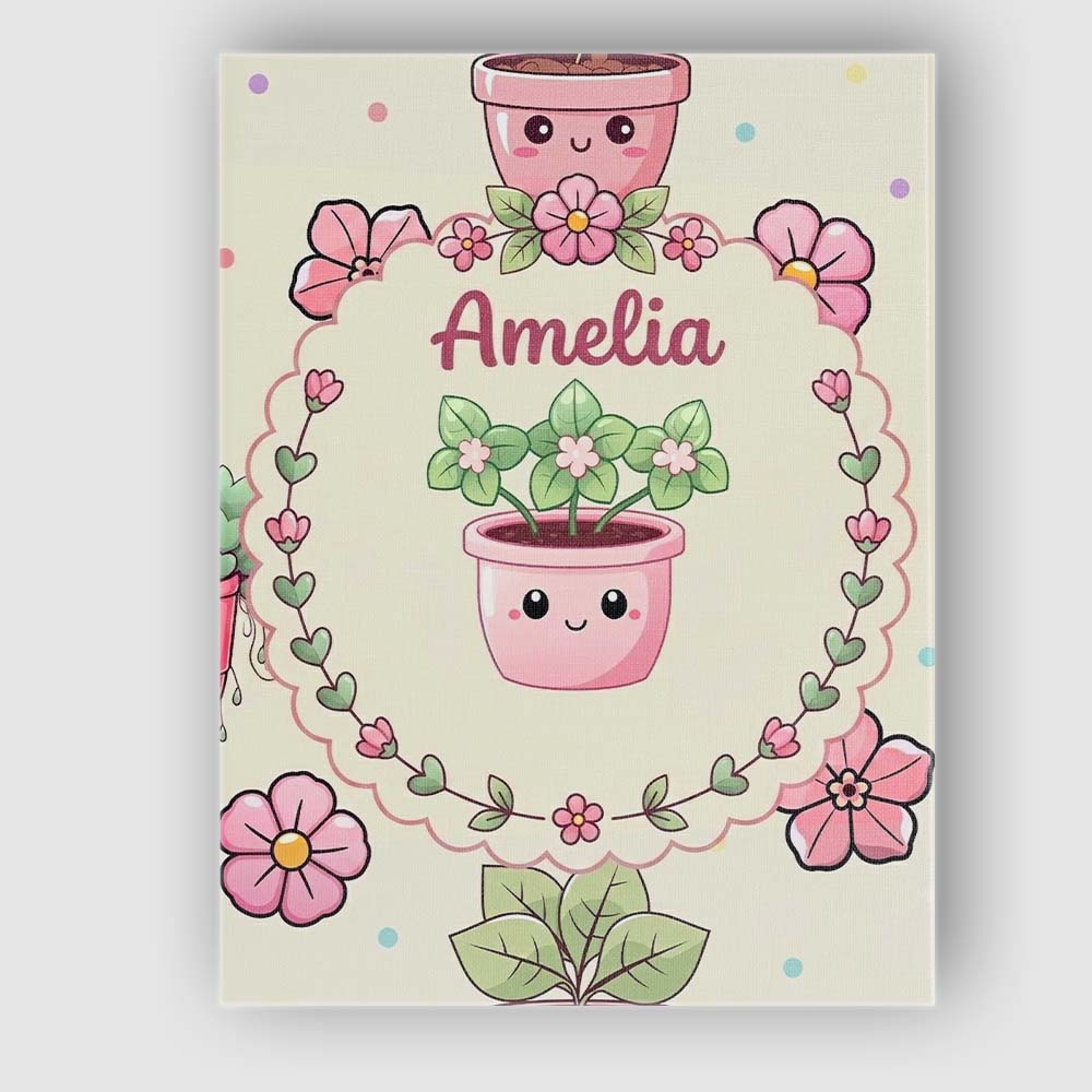 Personalised Name Cute Kawaii Flower Pots Custom Unique Gift Idea Elegant Feature Canvas Wall Art Print Decor Picture Ready to Hang