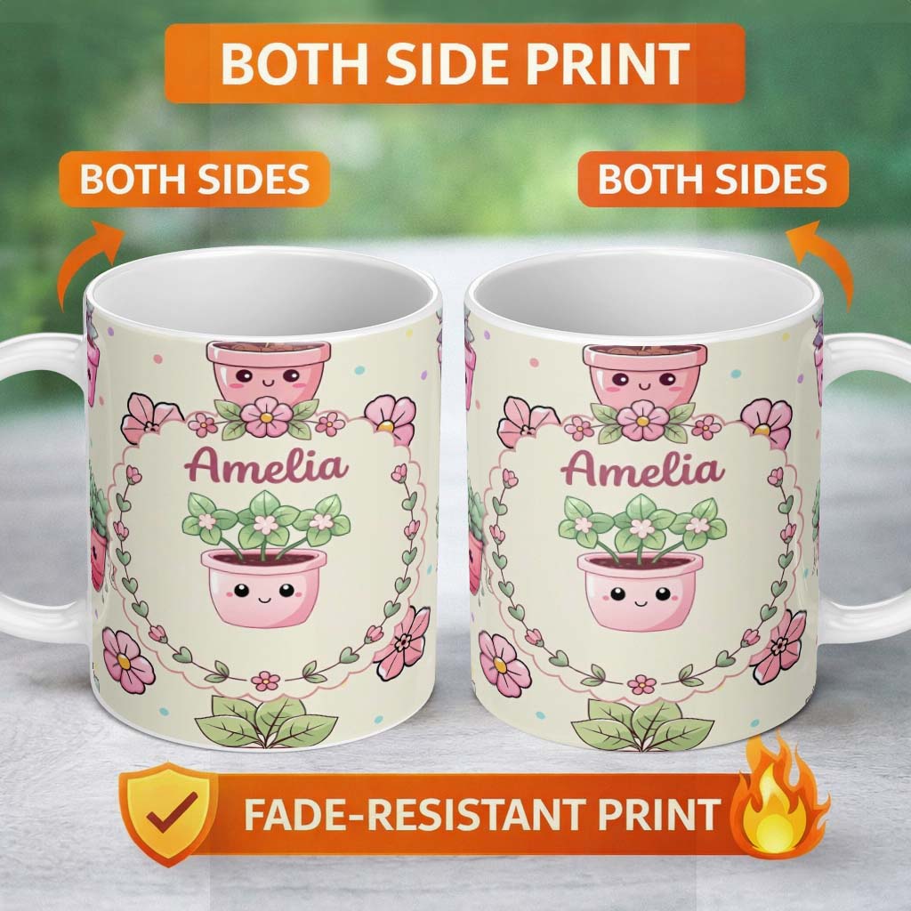 Personalized Custom Name Cute Kawaii Flower Pots Blossom Cream Background Seamless Pattern 11oz Ceramic Coffee Tea Mug White Large Handle