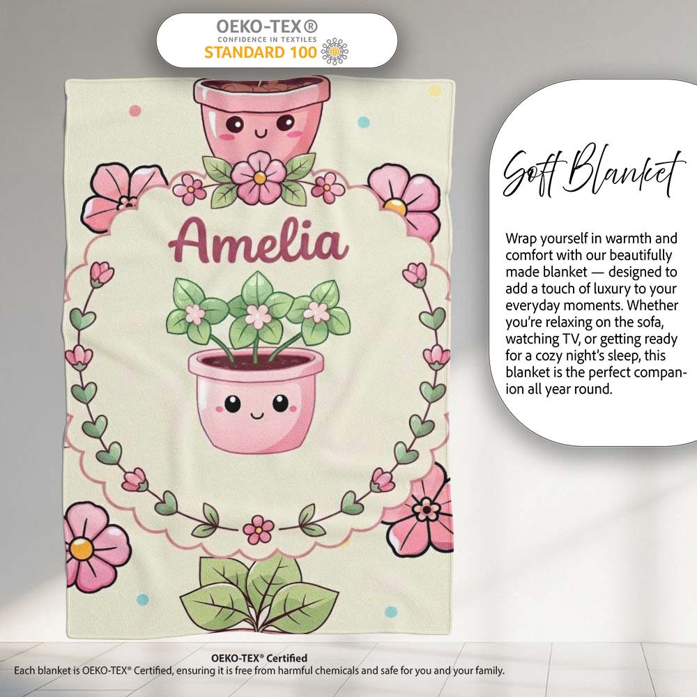 Cute Kawaii Flower Pots Blossom Cream Background Seamless Pattern Personalised Custom Name Super Soft Fleece Blanket Bed Sofa Throw