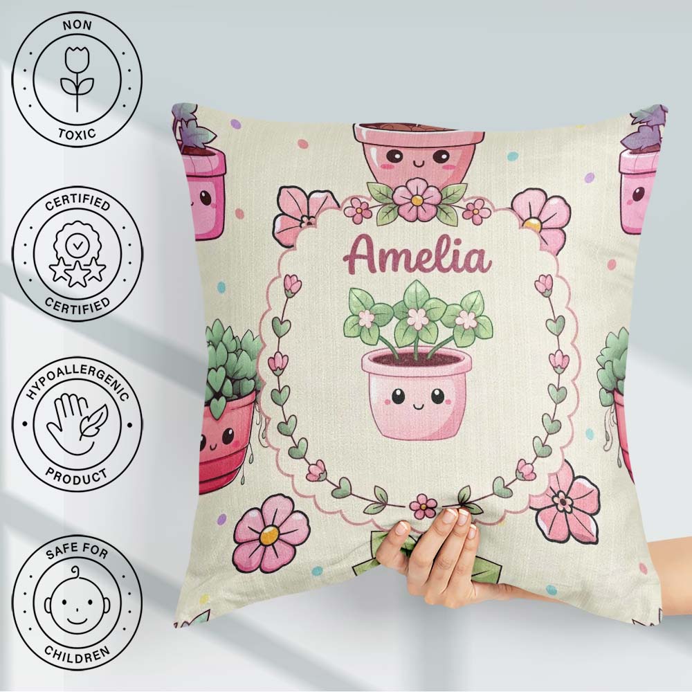 Custom Name Kawaii Flower Pots Blossom Cream Background Seamless Square Filled Cushion Throw Pillow Sofa Bed Home Decor Zip Washable UK Made