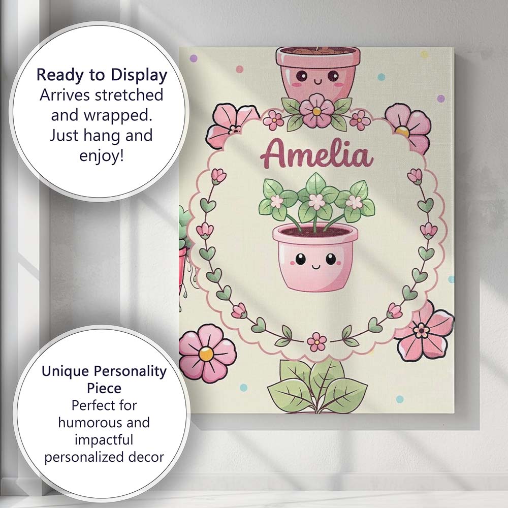Personalised Name Cute Kawaii Flower Pots Custom Unique Gift Idea Elegant Feature Canvas Wall Art Print Decor Picture Ready to Hang
