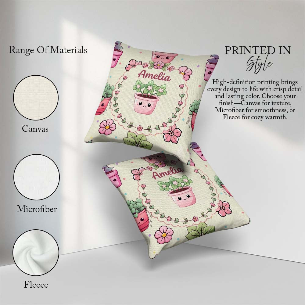 Custom Name Kawaii Flower Pots Blossom Cream Background Seamless Square Filled Cushion Throw Pillow Sofa Bed Home Decor Zip Washable UK Made